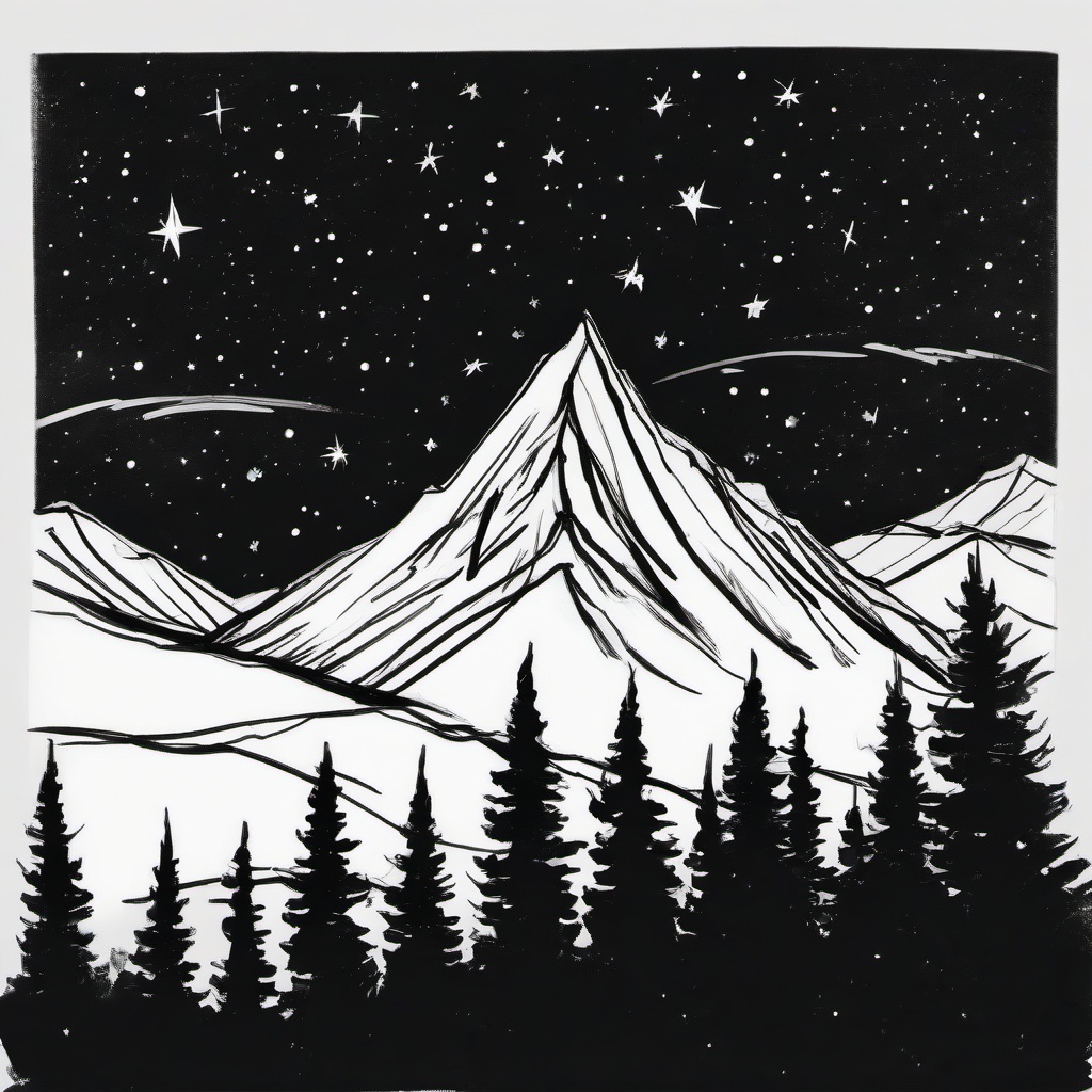 drawing of a mountain under the stars  minimal rough sketch scribbles,doodles,black and white