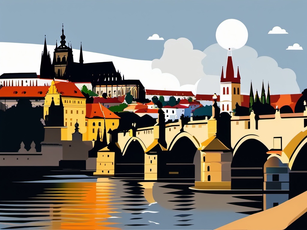 Prague clipart - Charles Bridge and Prague Castle in Czech Republic,  color clipart, vector art