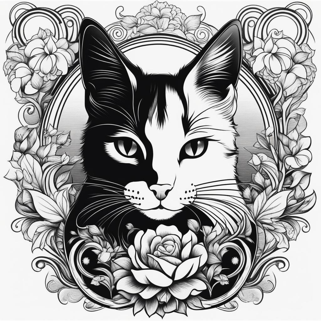 cat tattoo black and white design 