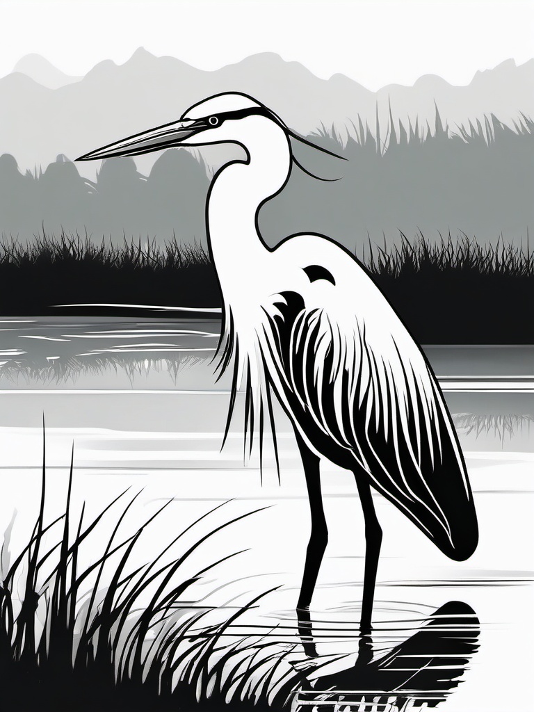 Heron Tattoo - Heron wading in a shallow marsh  few color tattoo design, simple line art, design clean white background