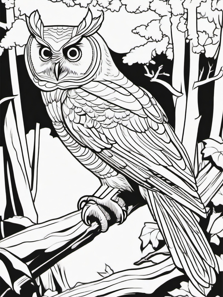 Owl Coloring Pages - Owl watching over the forest at dusk  simple coloring pages