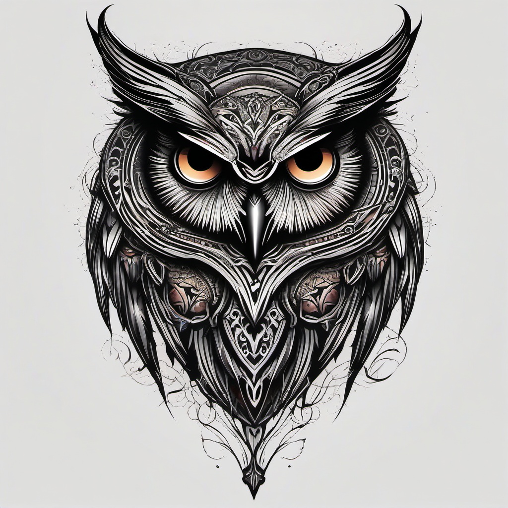Demon Owl Tattoo-Bold and artistic tattoo featuring a demon owl, capturing themes of darkness and fantasy.  simple color tattoo,white background