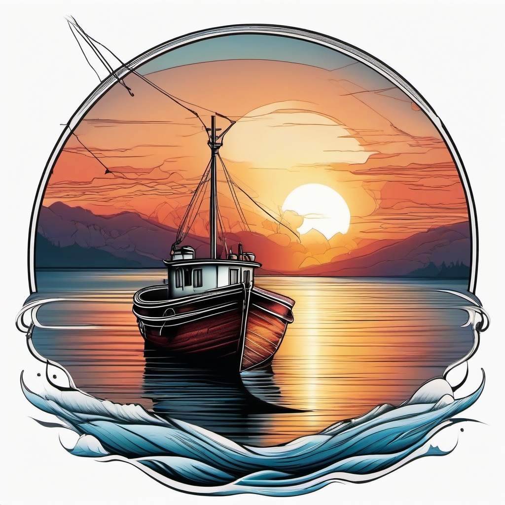 Fishing boat at sunrise tattoo. Dawn's embrace on the water.  color tattoo, white background