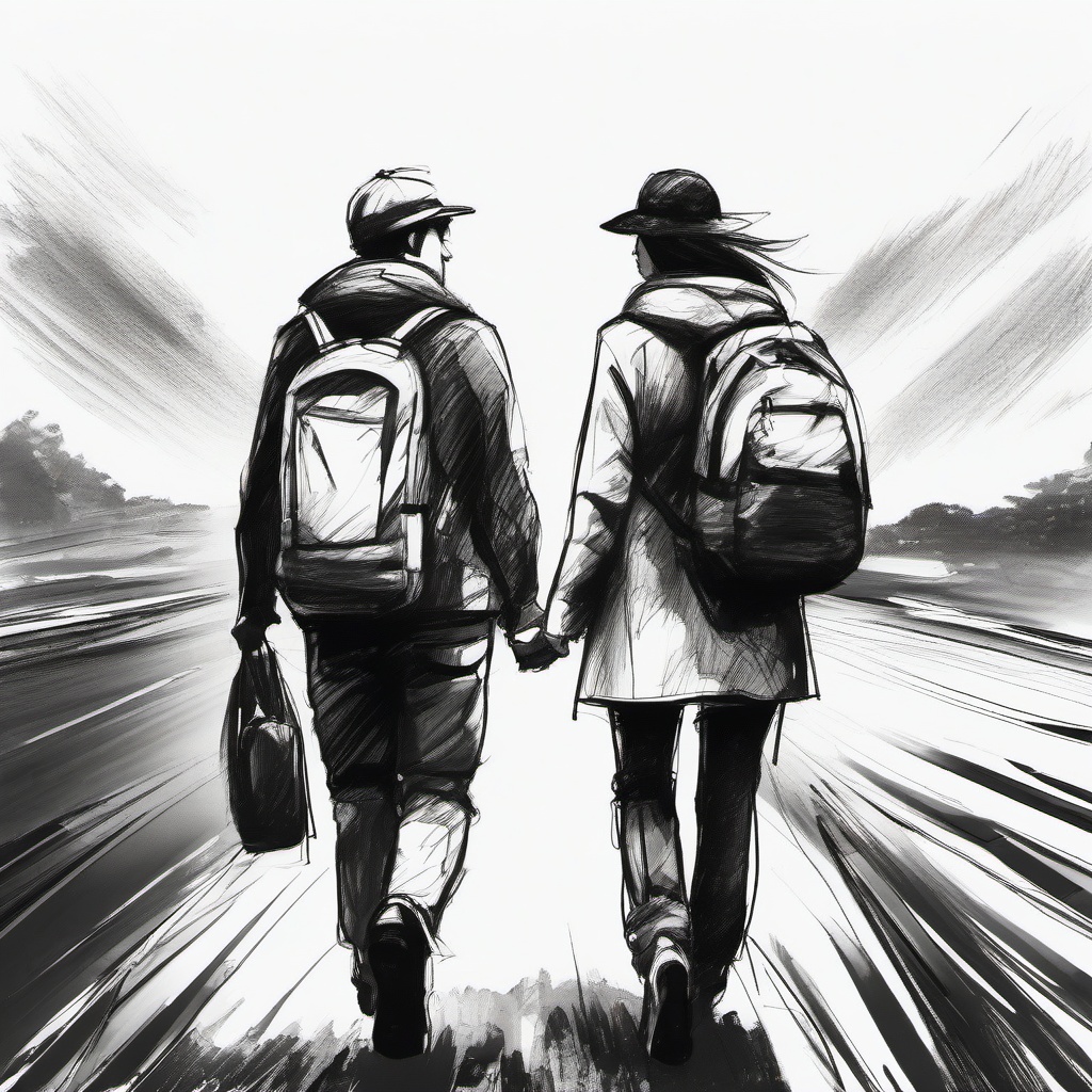 drawing of a couple traveling together  minimal rough sketch scribbles,doodles,black and white