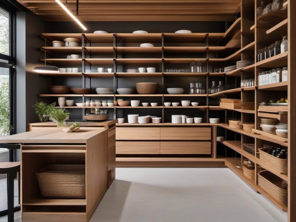 The pantry showcases Japandi interior design with organized shelving, natural finishes, and a clean aesthetic that make food storage both practical and visually appealing.  