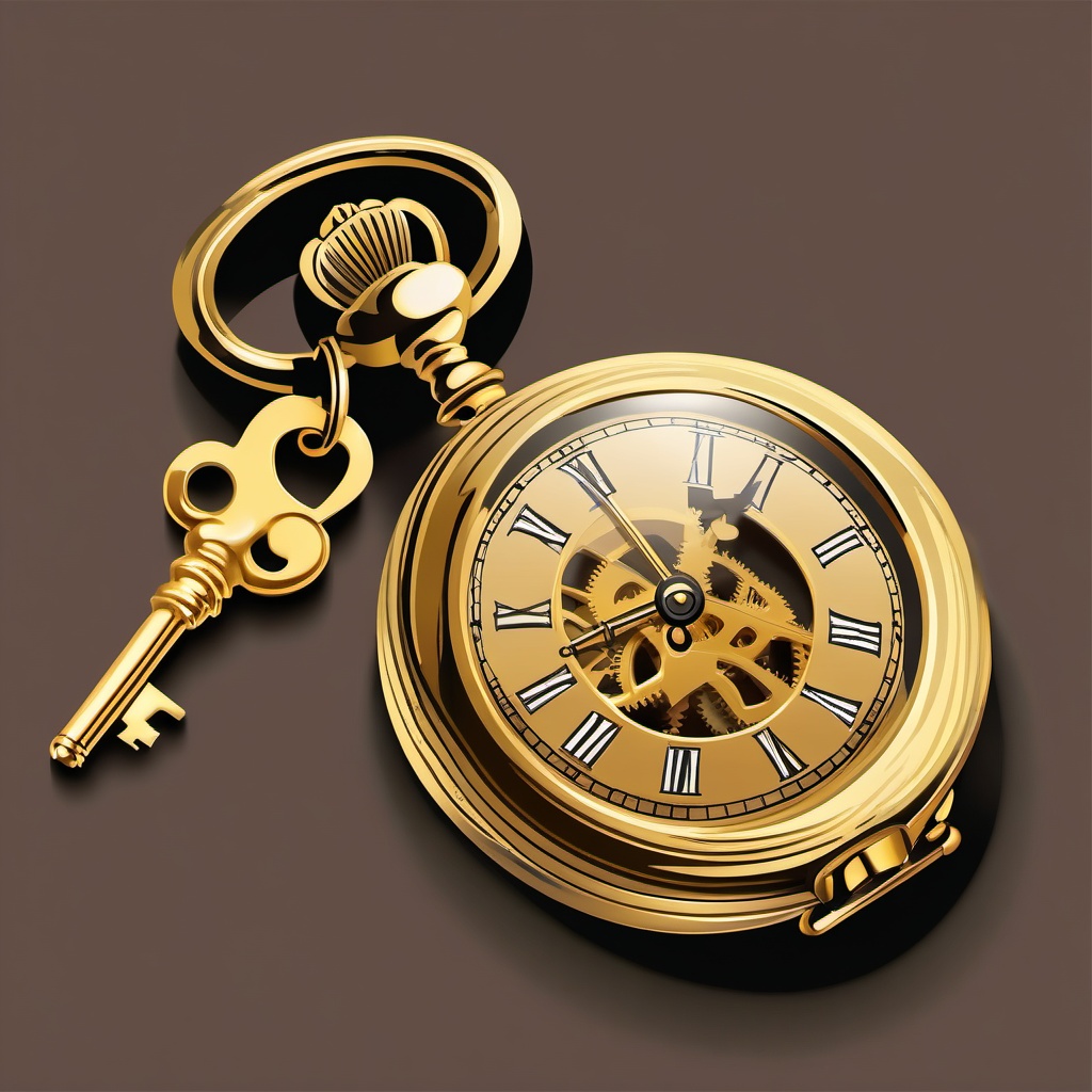 Golden Pocket Watch and Old Key Clipart - A shiny golden pocket watch next to an old, rusty key.  color clipart, minimalist, vector art, 