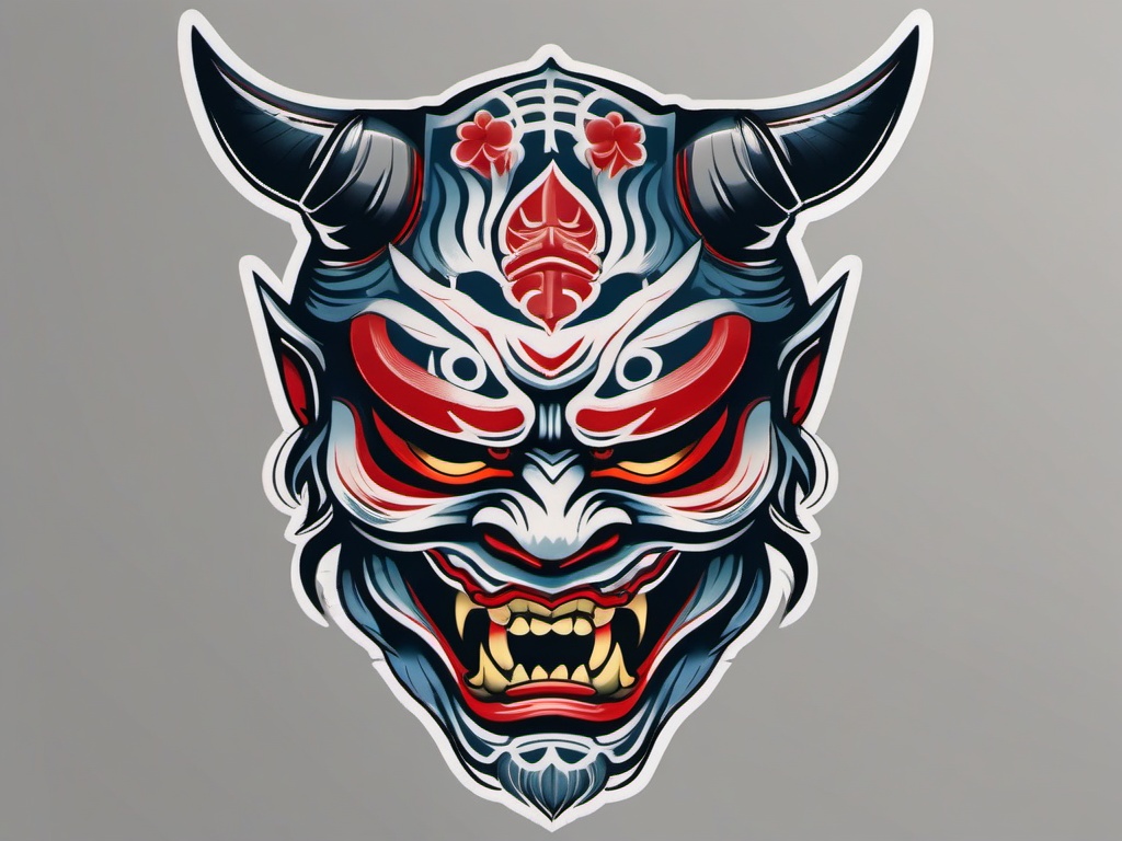 american traditional oni mask  simple color tattoo,white background,minimal