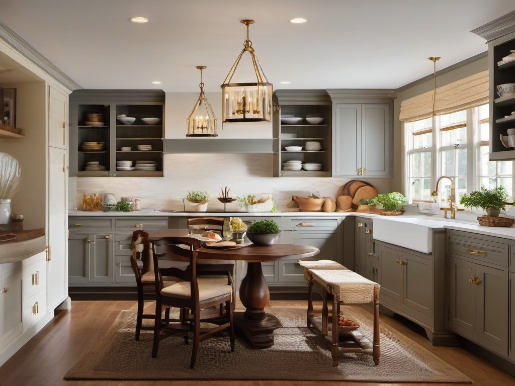 Colonial kitchen features classic wooden cabinets, simple decorations, and a cozy breakfast nook, providing a warm and timeless space for family meals.  