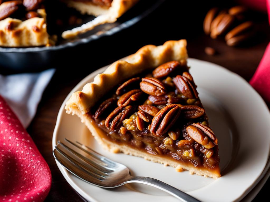 a slice of classic pecan pie, featuring a sweet and nutty filling in a buttery pastry shell. 