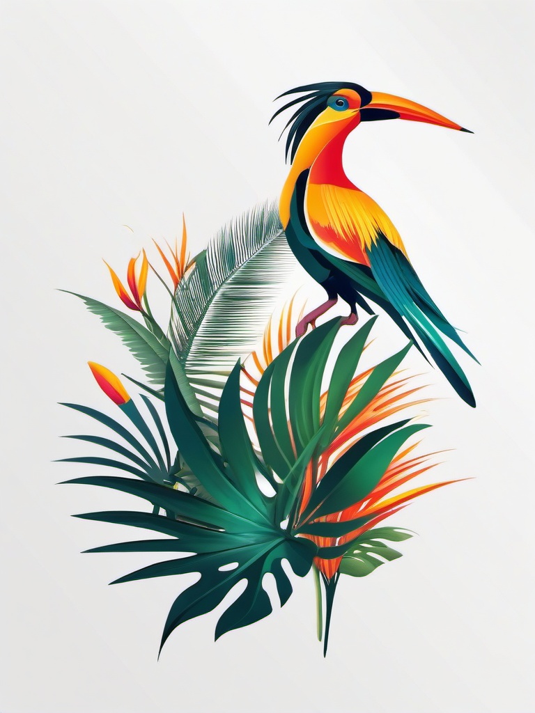 Bird Of Paradise Tattoo - Vibrant bird in tropical scene  minimalist tattoo design, white background