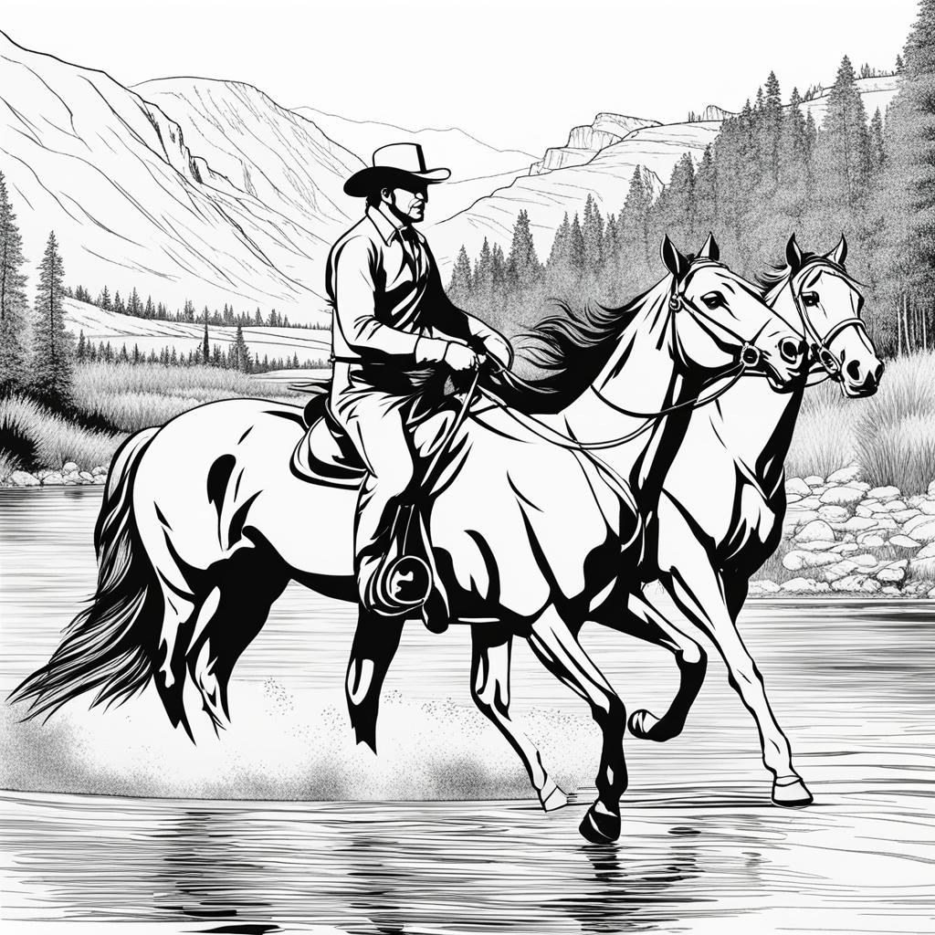 horse coloring pages - horses race alongside a scenic river in a wild west landscape. 