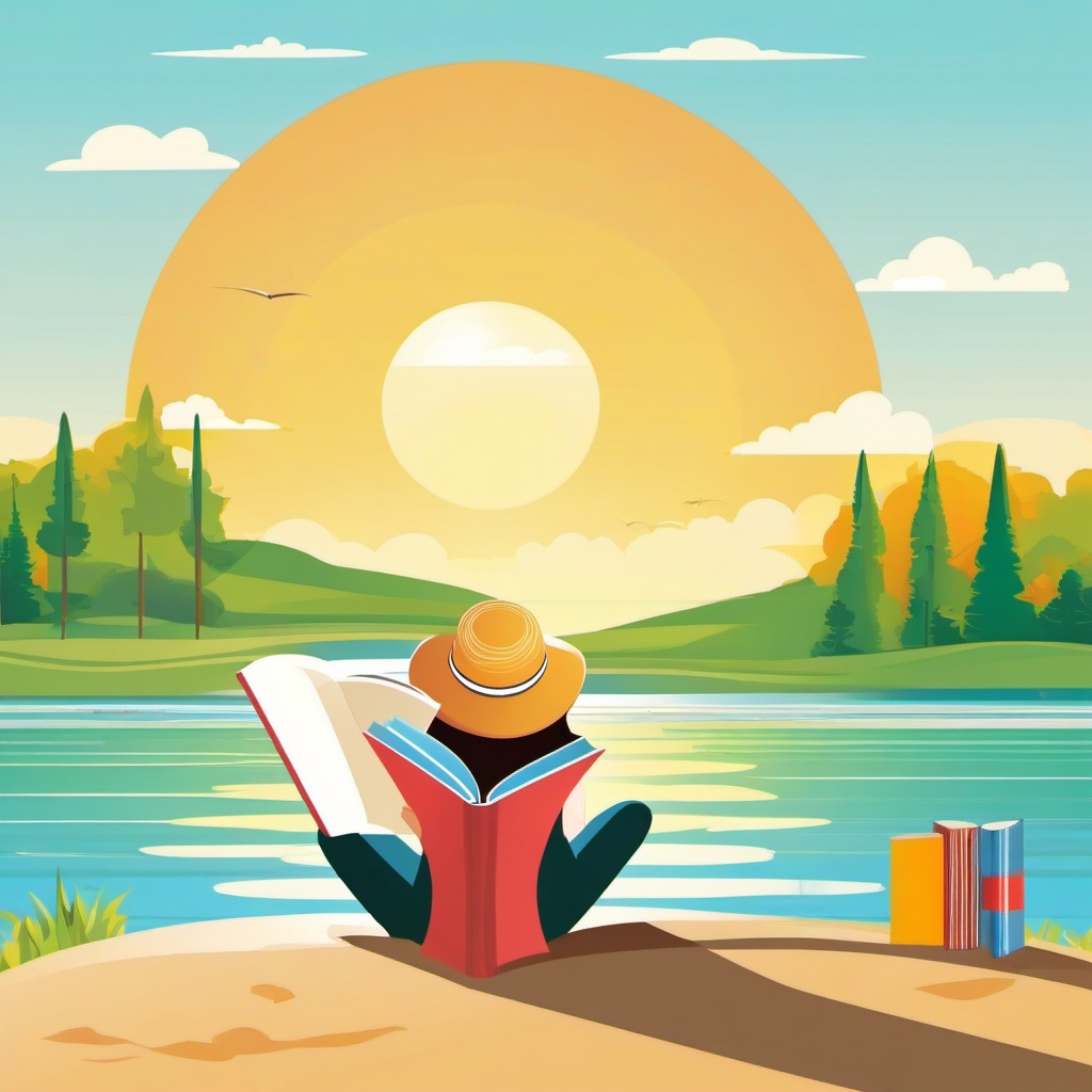 Summer Reading clipart - Reading a book on a sunny lakeside day., ,vector color clipart,minimal