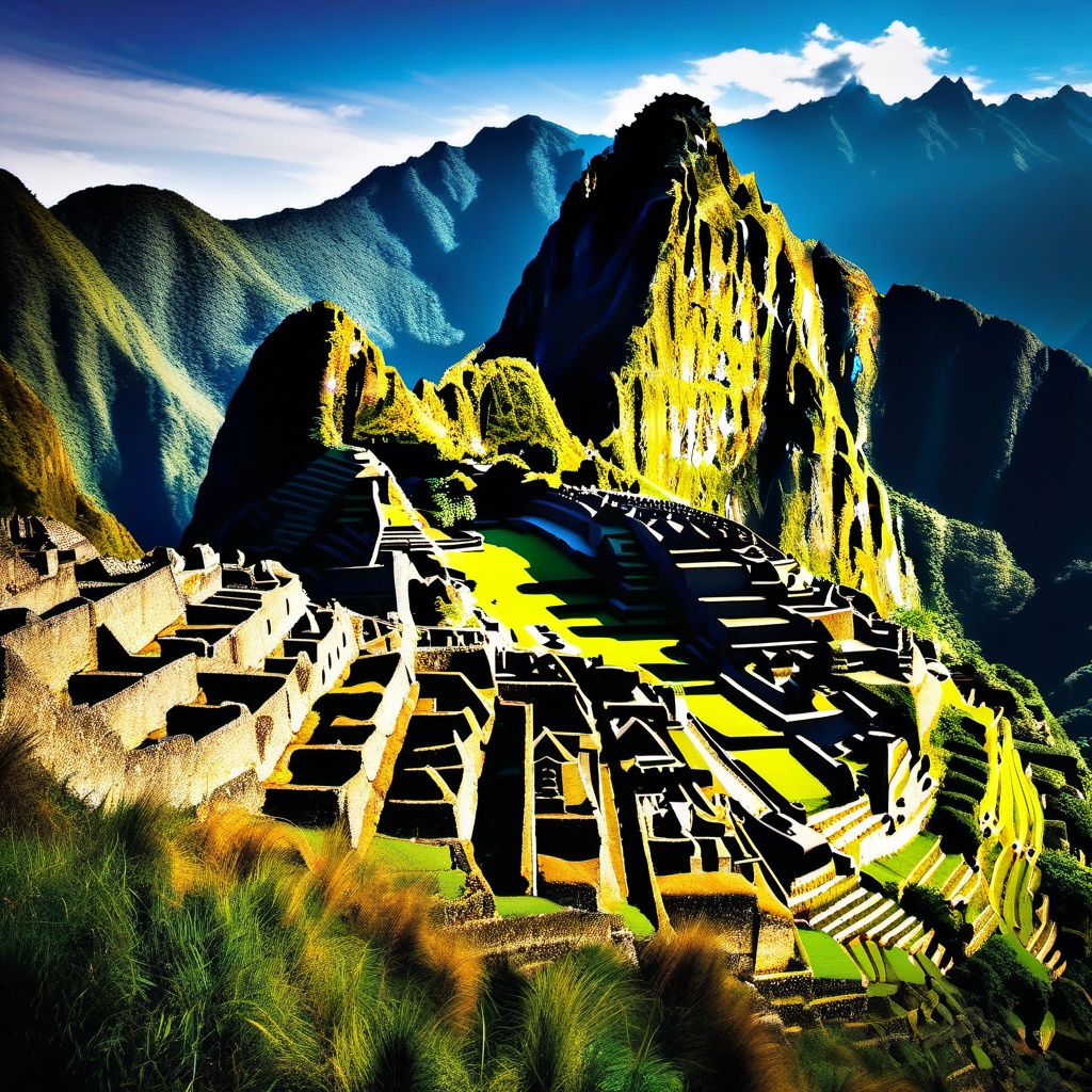 Desktop Backgrounds - Machu Picchu Landscape in Peru wallpaper splash art, vibrant colors, intricate patterns