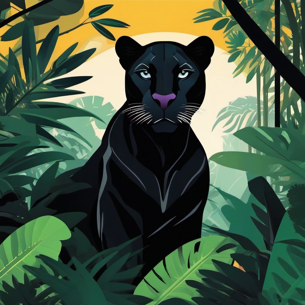 Black Panther Clip Art - Mysterious black panther in the jungle,  color vector clipart, minimal style