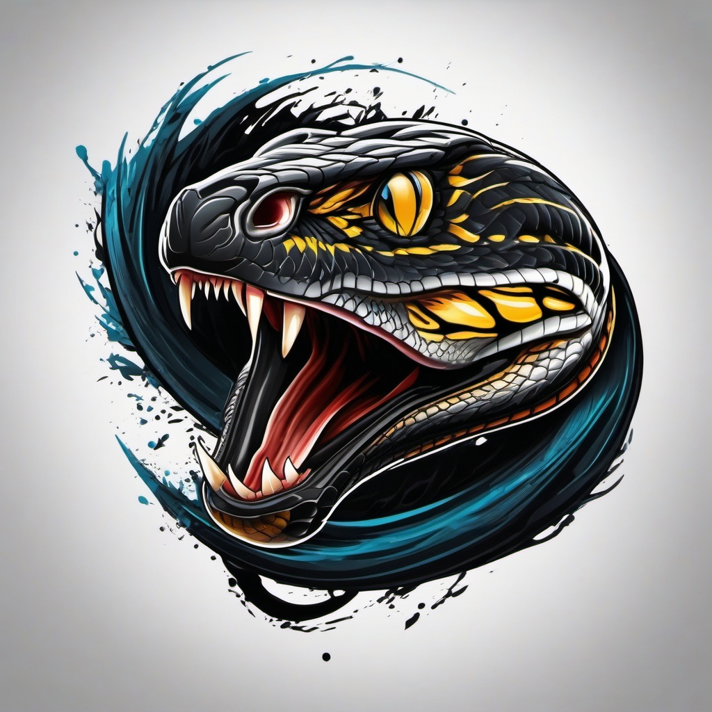 Venomous black mamba ready to strike tattoo. Dynamic anticipation.  color tattoo, white background