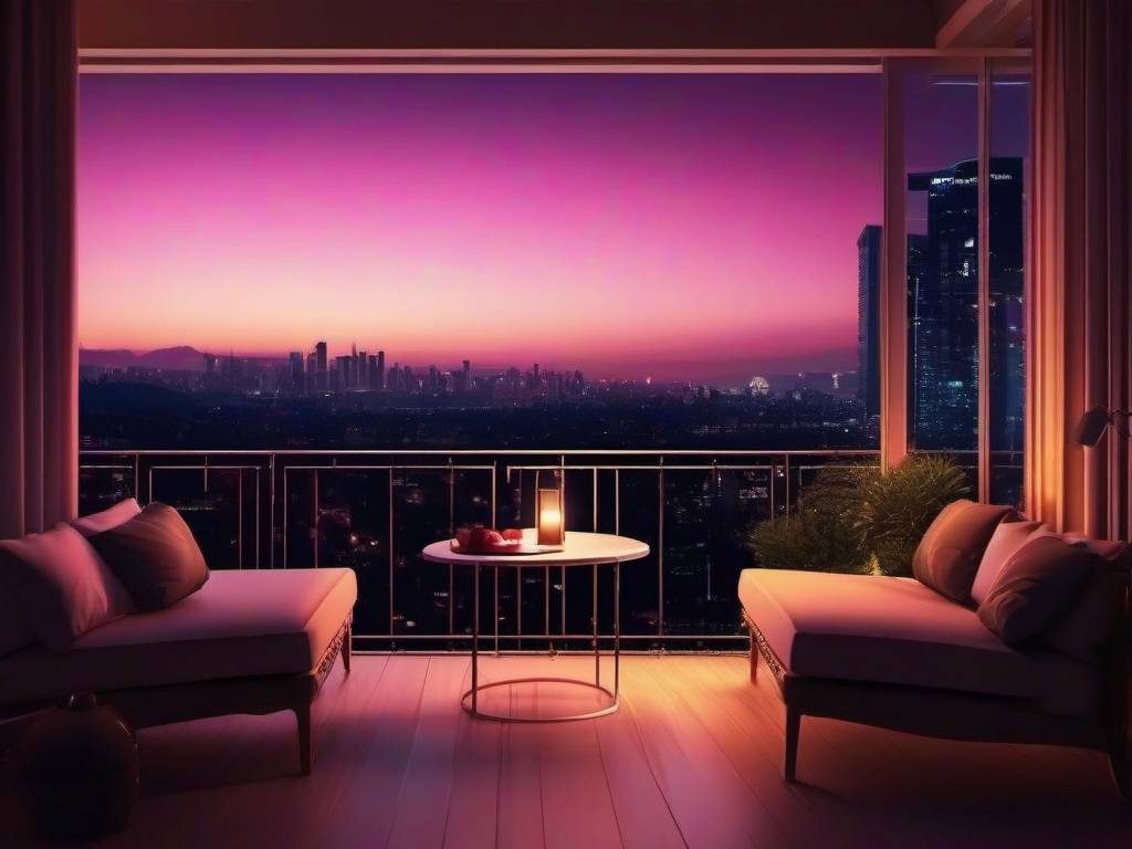 Valentine's Day background - Romantic balcony view overlooking a city lit at night  aesthetic background wallpaper