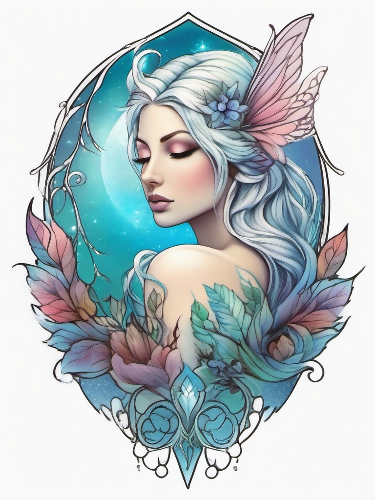 Fairy Tattoo: Frosty Aurora Nymph  simple color tattoo style,white background