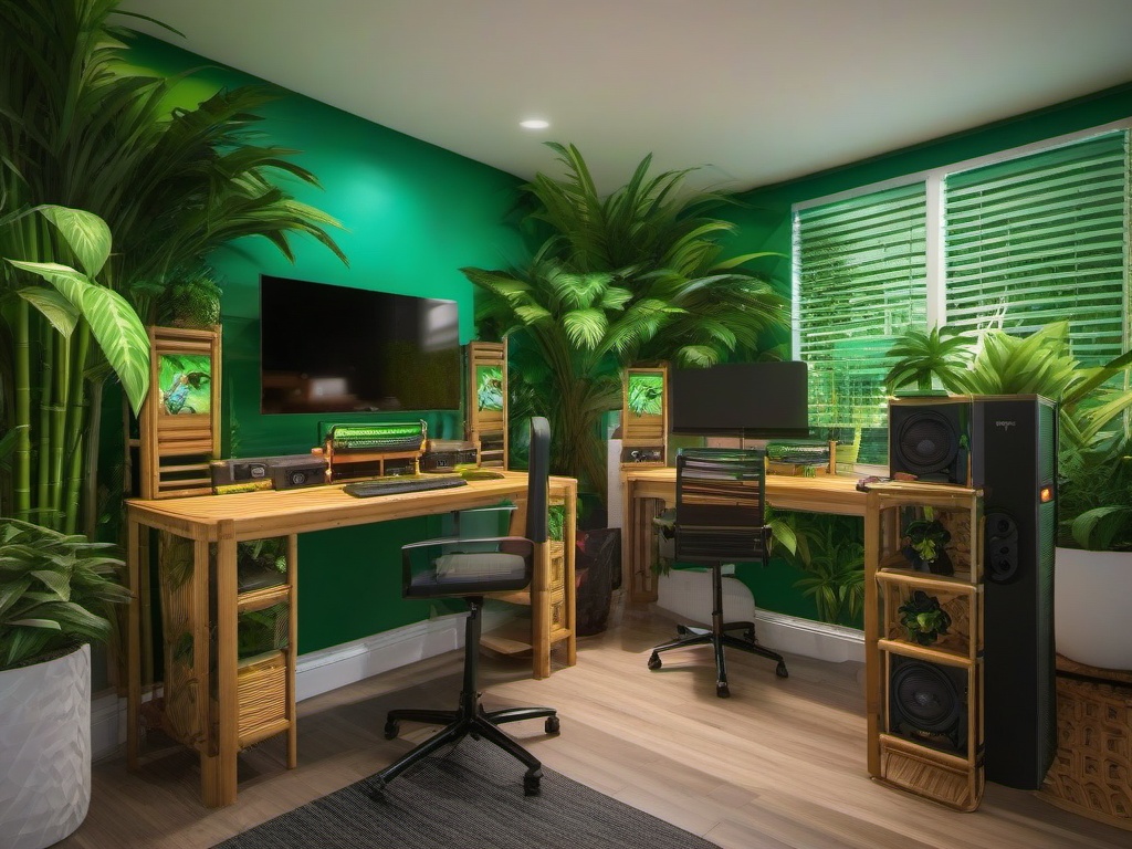 Tropical gamer room includes bright colors, bamboo accents, and lush greenery that bring a refreshing feel to the gaming space.  