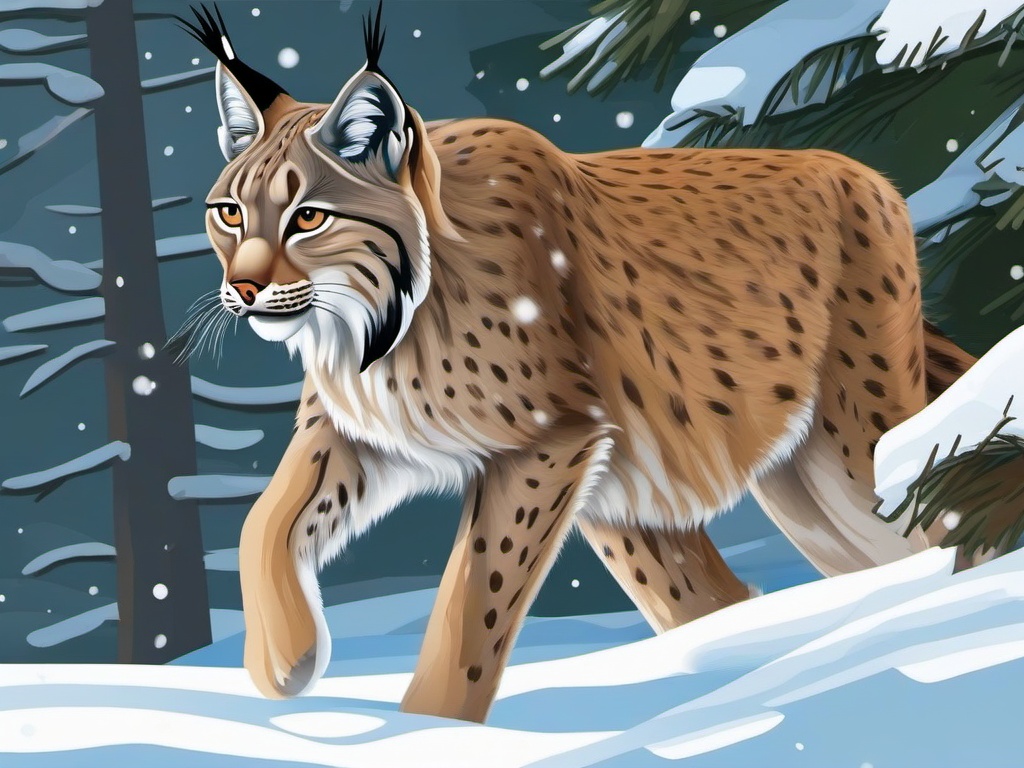 Lynx Cartoon - Cartoon of lynx prowling through snow  