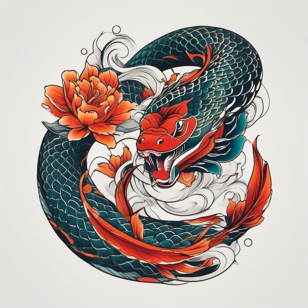 snake and koi fish tattoo  simple color tattoo,white background,minimal