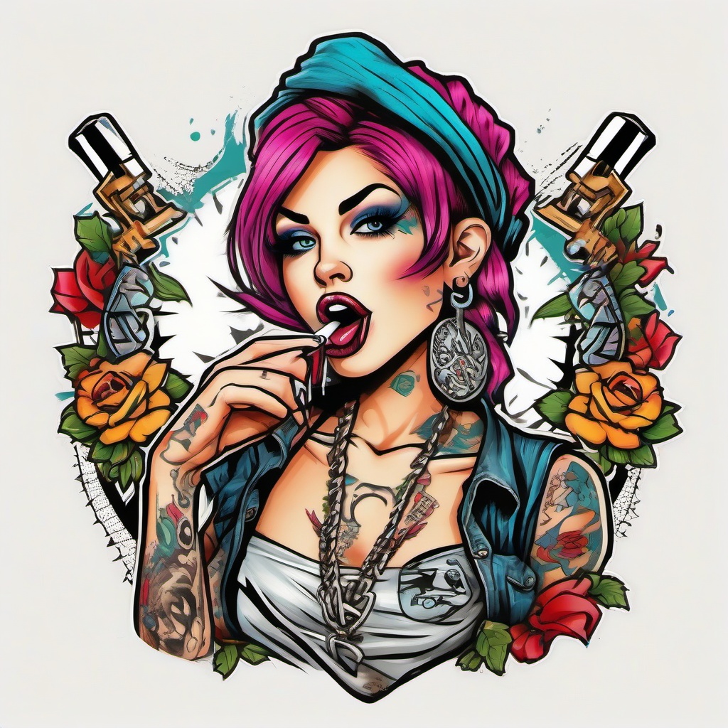 Traditional tattoo style design of a sexy punk girl sticking her tongue out. She’s wearing a bandana in her hair. She has a cigarette in her right hand. The design is very vibrant with colour   ,tattoo design, white background