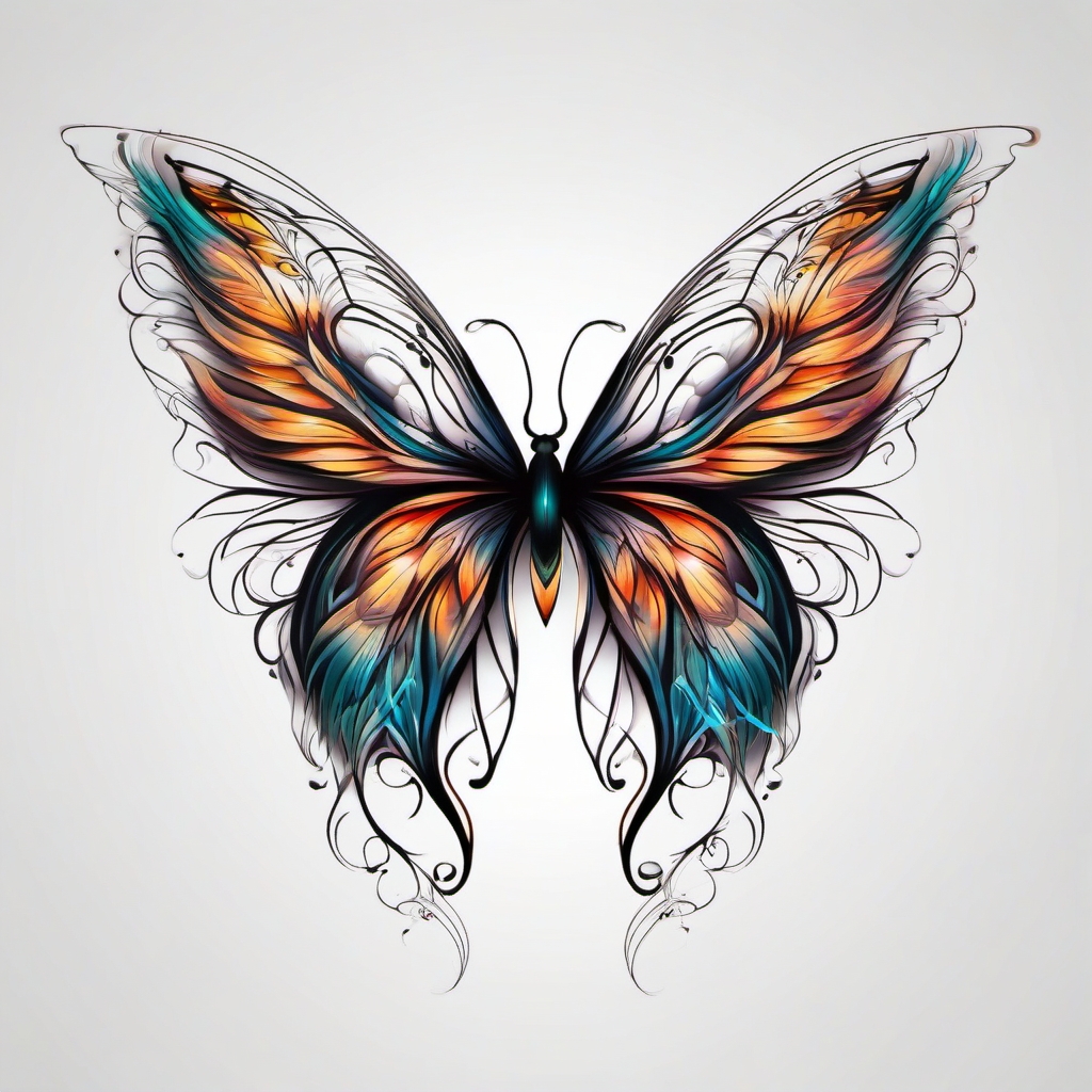 Abstract butterfly heartbeat tattoo. Pulsating delicate wings.  color tattoo, white background