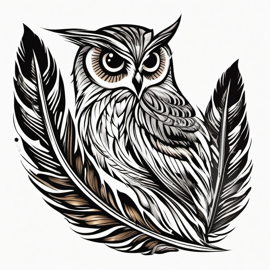 Owl Feather Tattoo - Showcase the elegance of feathers in an owl-themed tattoo.  simple color tattoo,vector style,white background