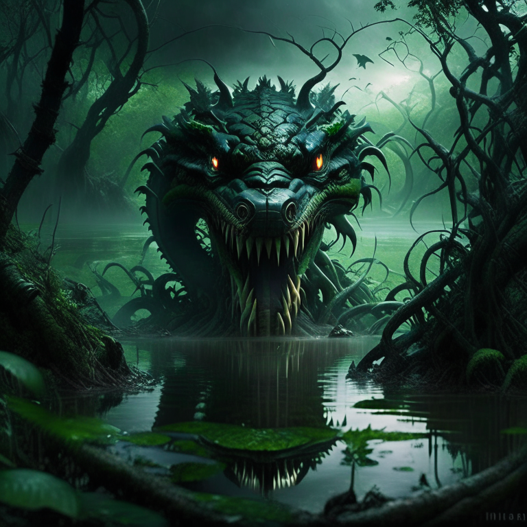 hydra, the serpentine monstrosity, emerging from a dark, marshy swamp. 