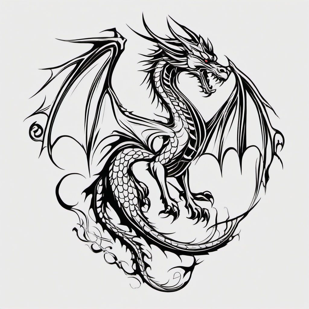 Stencil Dragon Tattoo - Tattoos created using stencils, providing precise and detailed dragon designs.  simple color tattoo,minimalist,white background