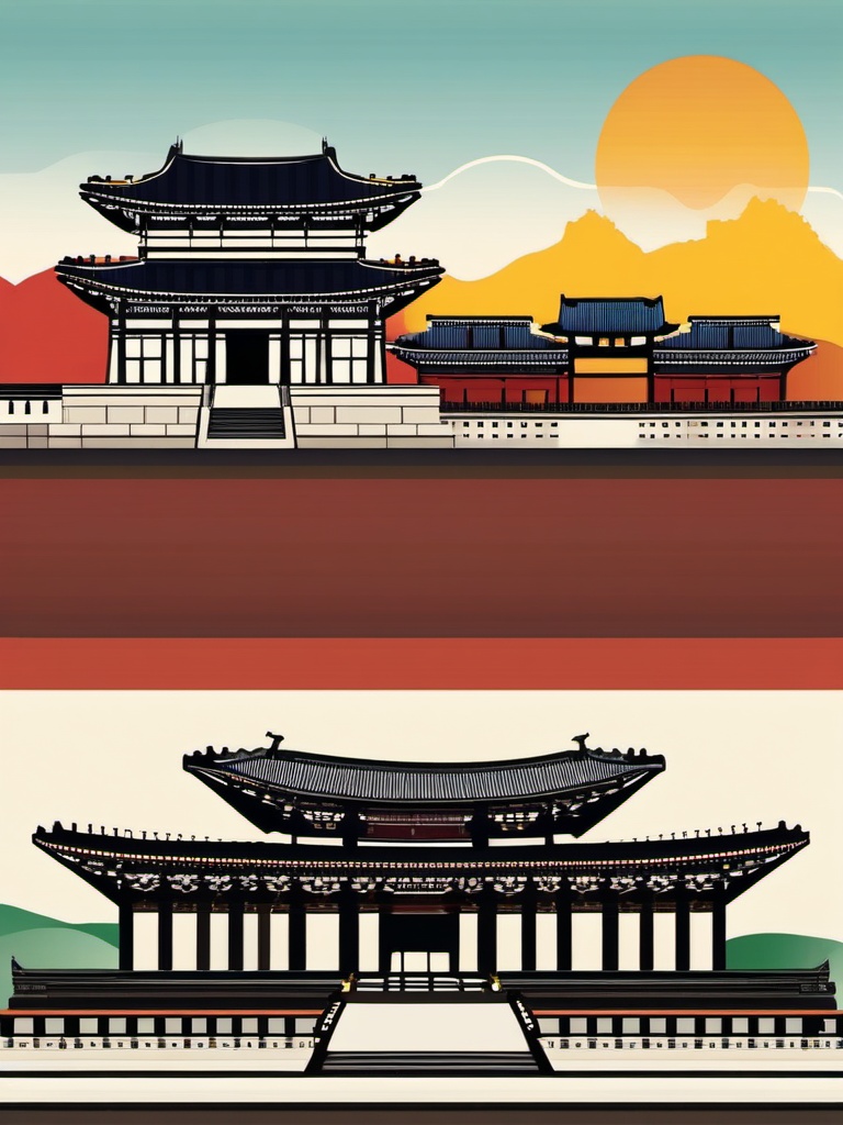 Seoul clipart - Gyeongbokgung Palace and Seoul skyline,  color vector clipart