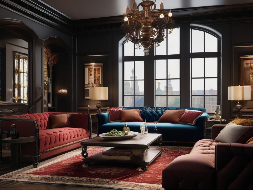 In the loft, Russian Revival interior design incorporates refined furnishings, rich colors, and ornate accents that create a sophisticated and personalized living area.  