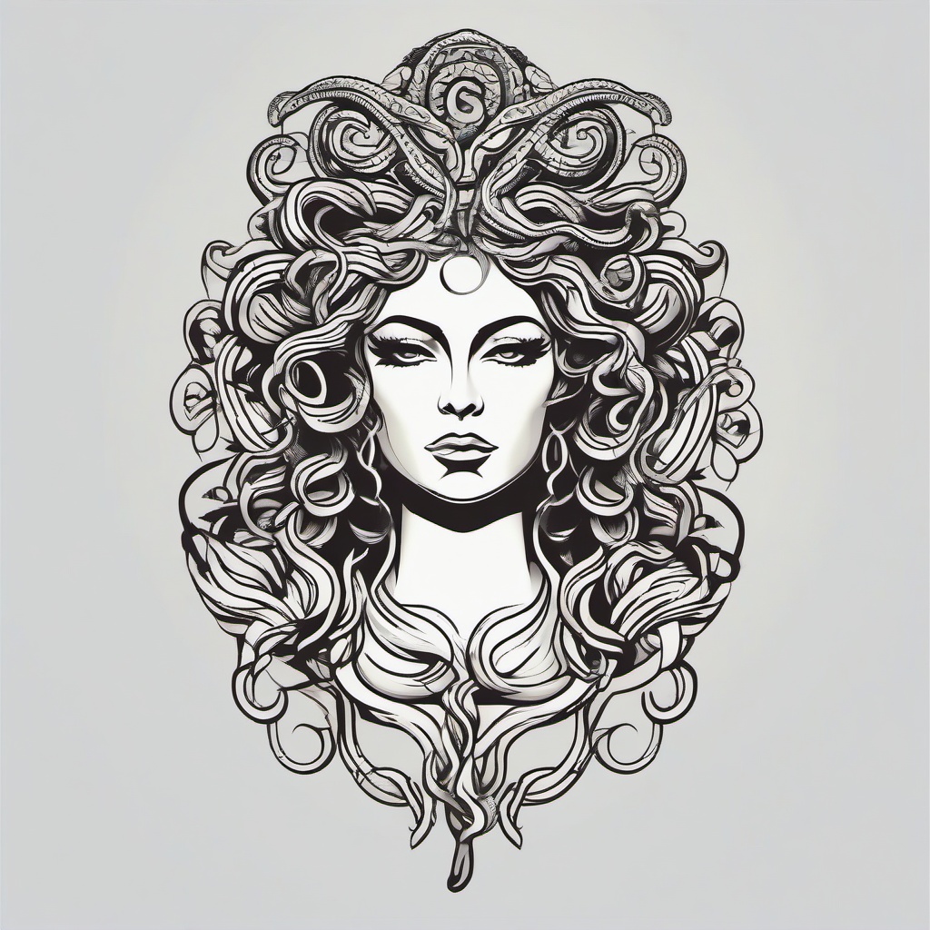 Full Body Medusa Tattoo - Make a bold statement with a full-body Medusa tattoo, showcasing the intricate details of this mythical figure.  simple vector color tattoo,minimal,white background