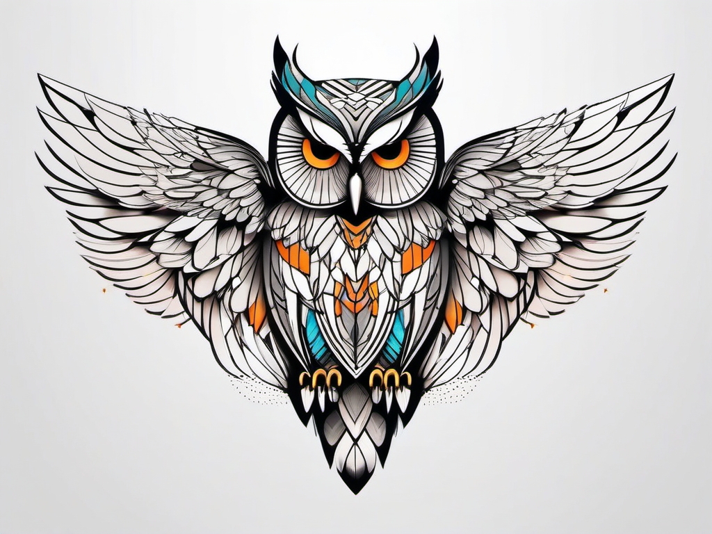 Modern, geometric owl tattoo wings.  color tattoo style, minimalist design, white background