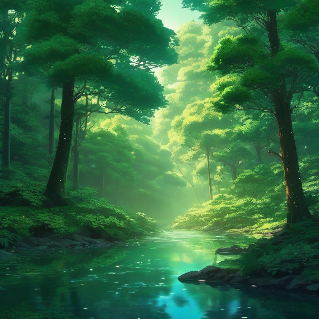 Serene Anime Forest by the Glittering River Aesthetic Anime Wallpaper intricate details, patterns, wallpaper photo