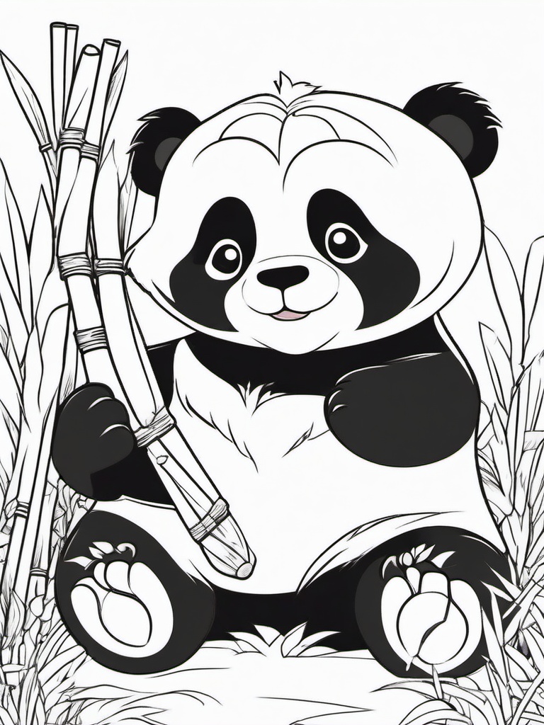 Panda Coloring Pages - Panda holding a bamboo shoot with a smile  simple coloring pages