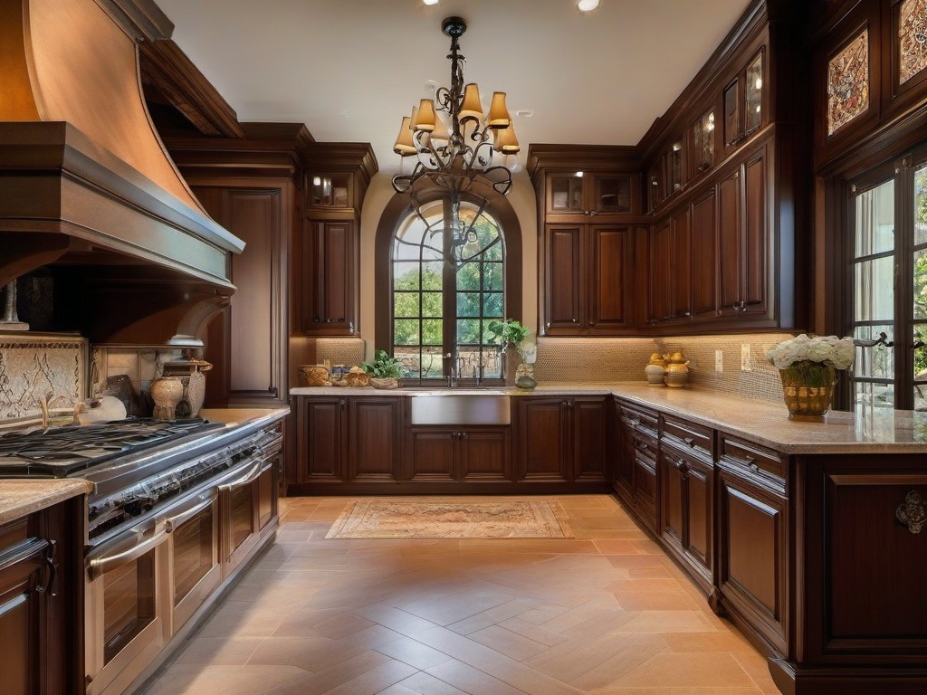 In the kitchen, Italian Renaissance interior design includes rich wood cabinetry, decorative tile backsplashes, and classic wrought iron fixtures that blend functionality with timeless style.  