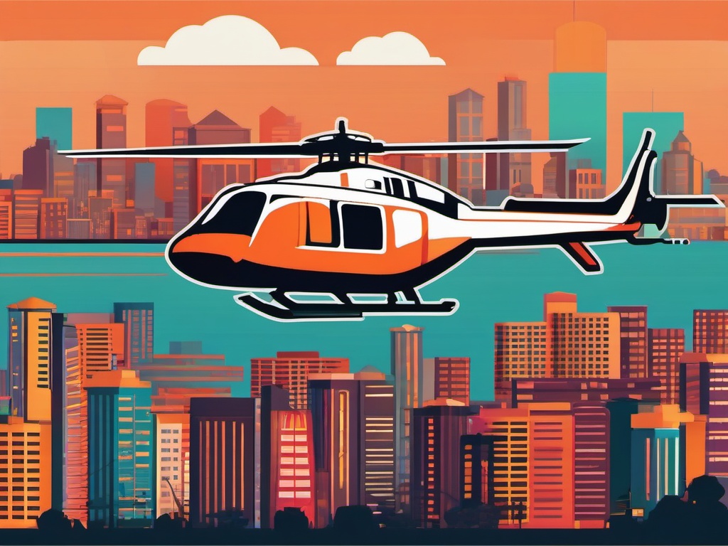 Helicopter Clipart - A helicopter hovering above the city.  transport, color vector clipart, minimal style