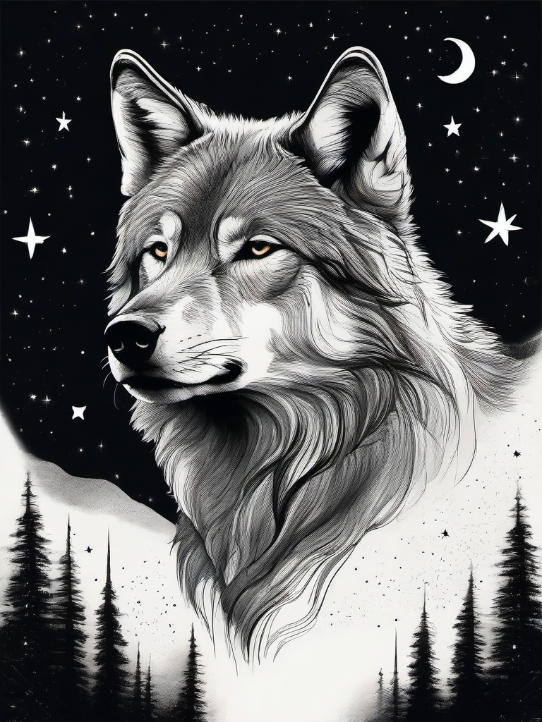 drawing of a wolf in starry night  minimal rough sketch scribbles,doodles,black and white