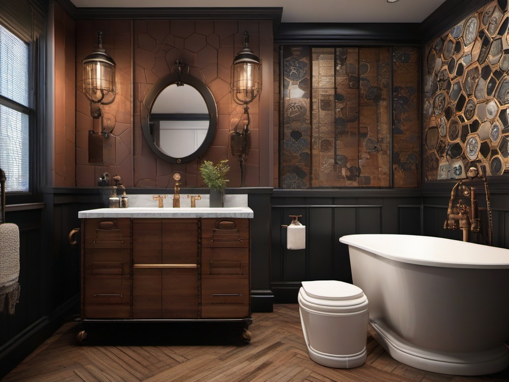 A small bathroom designed with steampunk interior design highlights vintage tiles, industrial fixtures, and quirky decor that elevate the space into a stylish and functional retreat.  