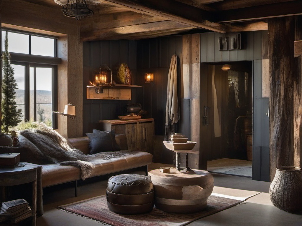 In the entryway, Post-Apocalyptic interior design showcases a mix of salvaged materials, muted colors, and rugged decor that provides a strong and inviting welcome to guests.  