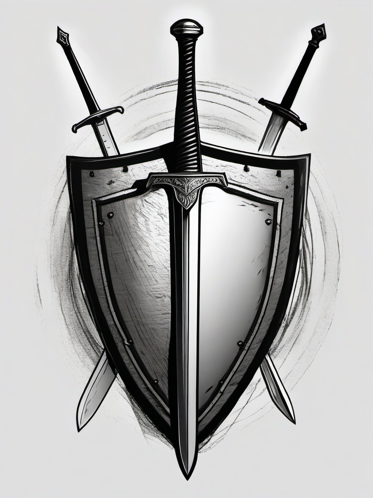 drawing of a sword and shield  minimal rough sketch scribbles,doodles,black and white