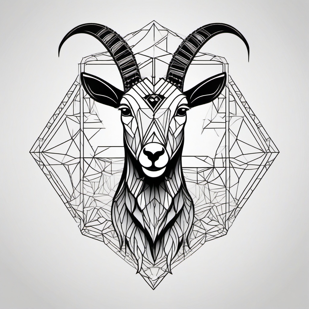 Geometric Goat Tattoo - A tattoo featuring a goat with geometric patterns and shapes.  simple color tattoo design,white background