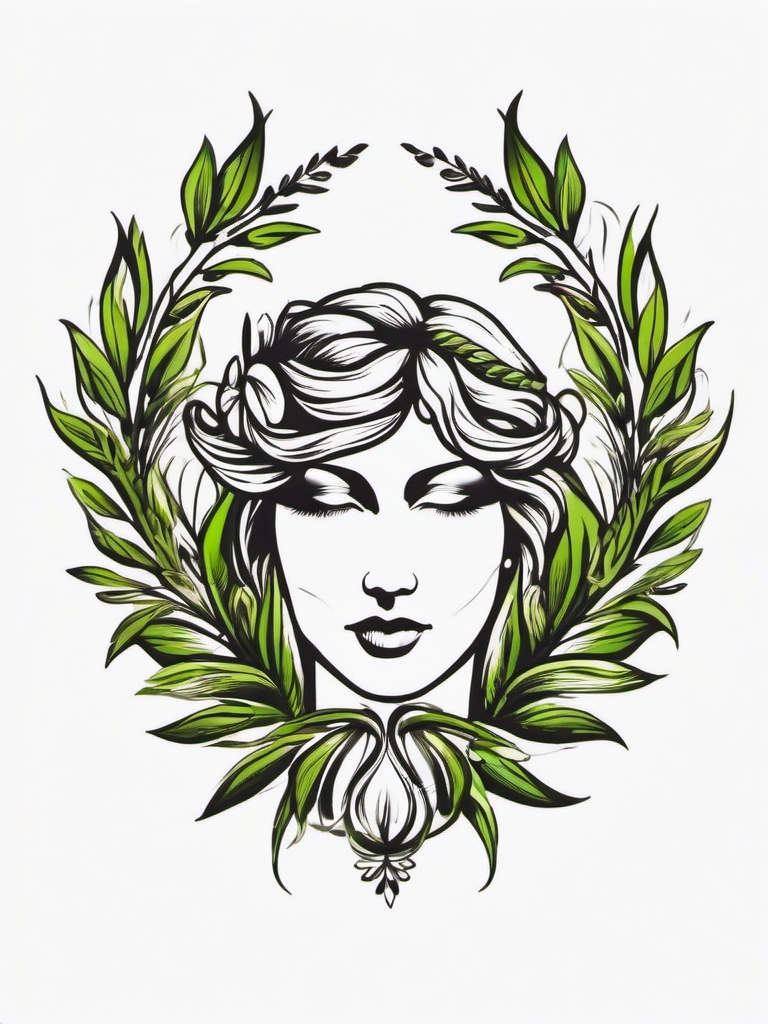 Laurel wreath Aphrodite ink. Victory of love.  color tattoo minimalist white background