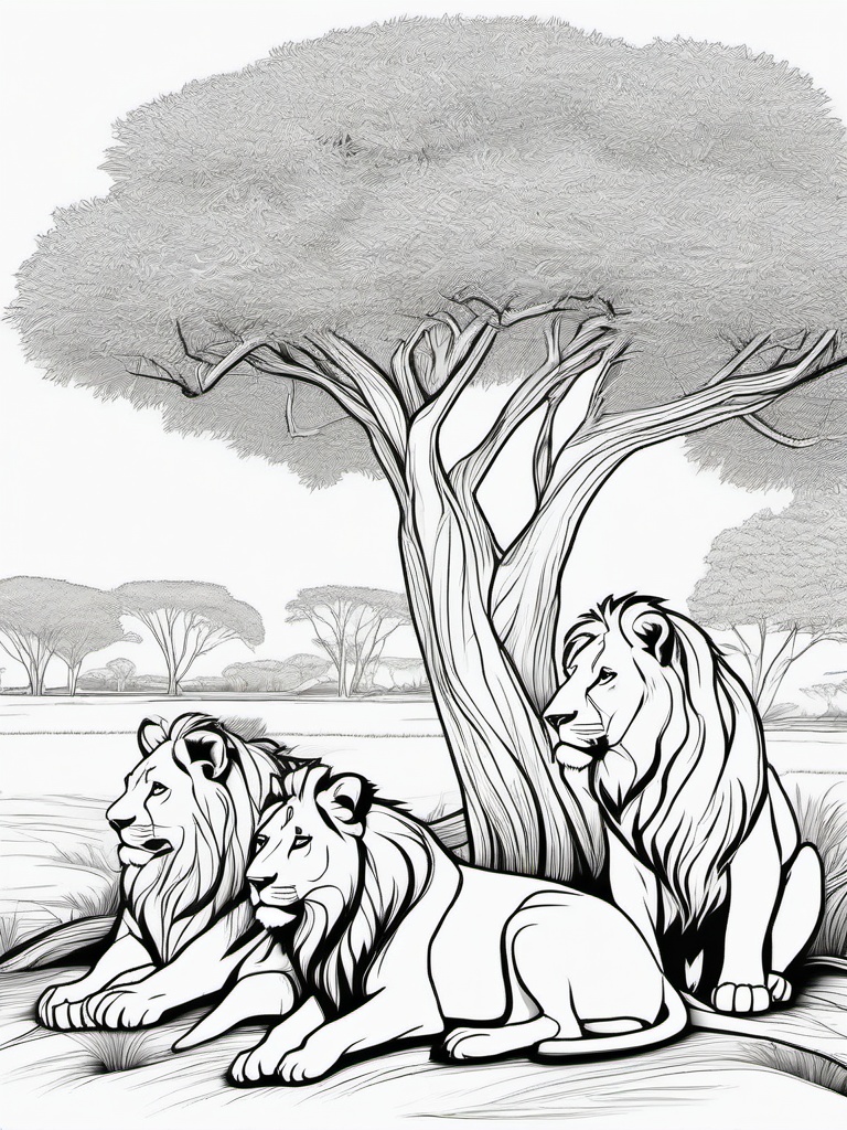 Lion Coloring Pages - Lion family resting under a tree in the savannah  simple coloring pages