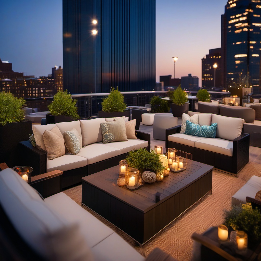 Rooftop Patio Lounge - Rooftop patio lounge with comfortable seating and skyline views. realistic, professional photography, bokeh, natural lighting, canon lens, shot on dslr 64 megapixels sharp focus