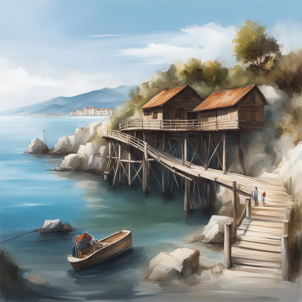 trabocchi coast wonders - sketch the wonders of the trabocchi coast, featuring traditional wooden fishing platforms and rugged coastline. 