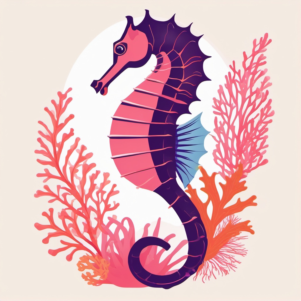 Sea Horse Clip Art - A graceful seahorse clinging to coral,  color vector clipart, minimal style