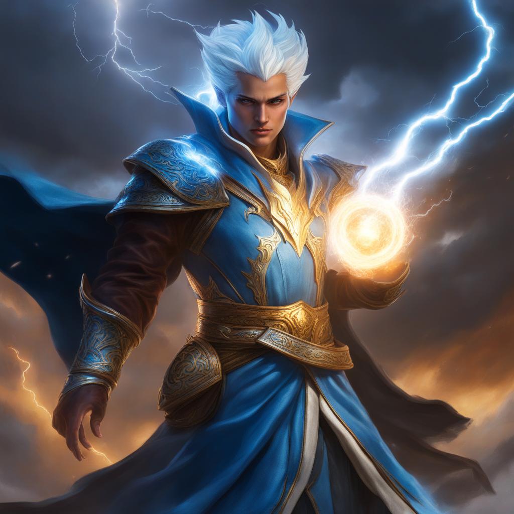 genasi storm sorcerer summoning lightning - capture a genasi storm sorcerer summoning lightning, controlling the tempest with their magic. 