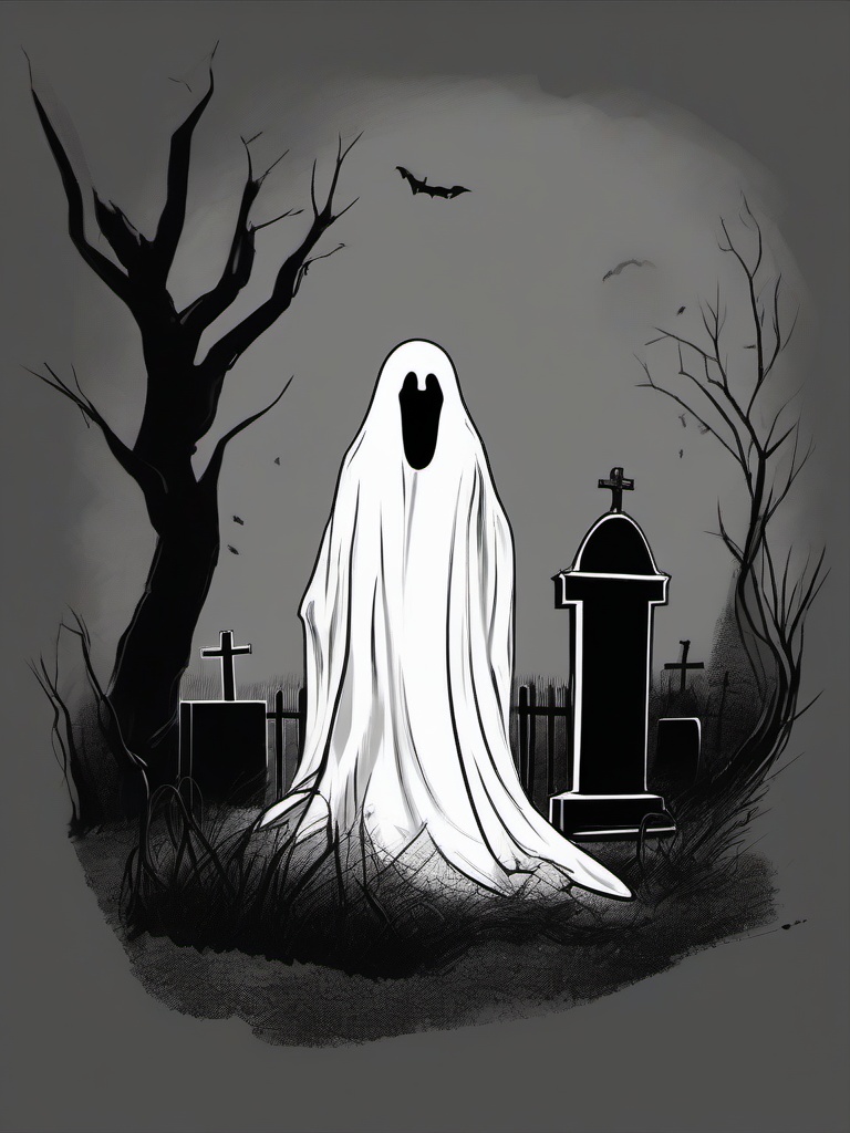 drawing of a ghost in a graveyard  minimal rough sketch scribbles,doodles,black and white