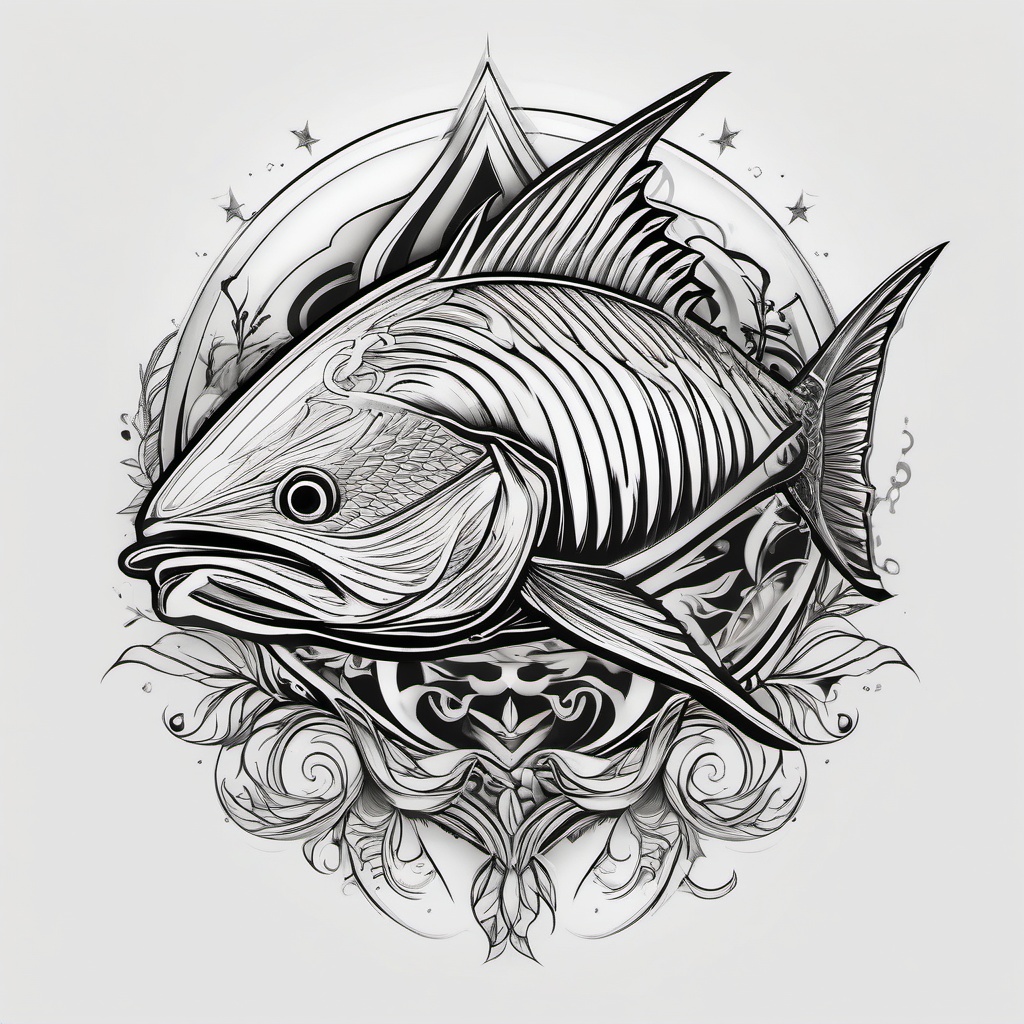 Tuna Tattoo,a majestic tattoo featuring the formidable tuna, symbol of strength and power. , tattoo design, white clean background